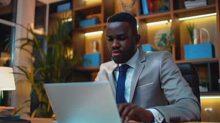 A businessman using a laptop in an office setting.