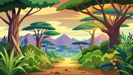 Wall Mural -  African beautiful forest with mountains in the background vector arts illustration