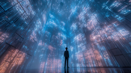 A Lone Figure Standing in a Digital Matrix of Glowing Blue Binary Code