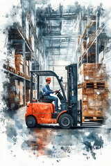 Watercolor painting of a forklift driver in a warehouse.