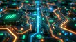 © DarkinStudio - Futuristic Circuit Board: An abstract interpretation of a circuit board with glowing neon highlights in blue and green, suggesting advanced technology and digital connectivity.