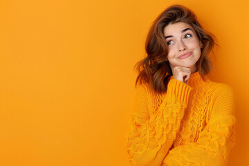 Cute model in yellow sweater among orange background with funny face. Thinking and wondering concepts. Lots of copy space for advertising