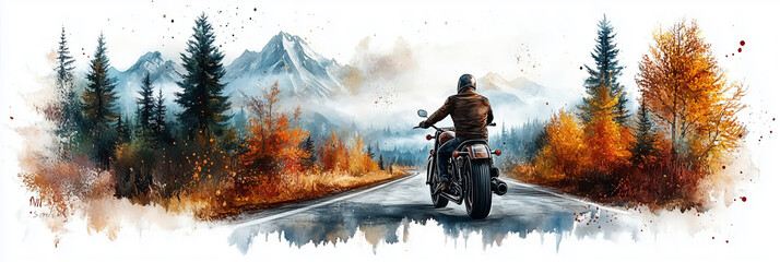 Watercolor painting of a man riding a big bike on a mountain road.