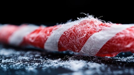 A close-up detailed image of a red and white striped candy covered in frost, highlighting the texture and colors, evoking a sense of wintery sweetness and festive treats.