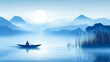 © Kara - Chinese ink painting style image of a solitary fisherman rowing a boat at dawn on a misty lake