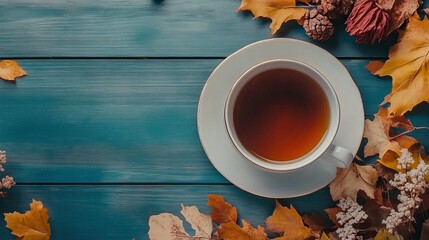 Herbal tea in a cup on the background of a wooden table with autumn leaves, an autumn cozy background. Text space. AI generated image