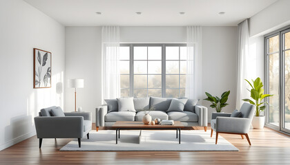 Sticker - Interior of light living room with grey sofa, coffee table, armchair and big window isolated with white highlights, png