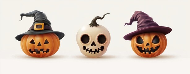 Wall Mural - Skull, Halloween pumpkin, and Wizard hat isolated on white background. 3D rendering