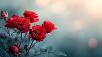 Wall Mural - Fresh Red Roses in Bloom Surrounded by Soft Blue Background