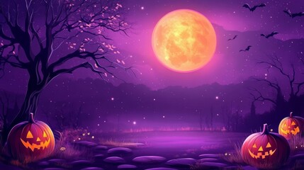 Background with pumpkin, tree, and full moon for Helloween.