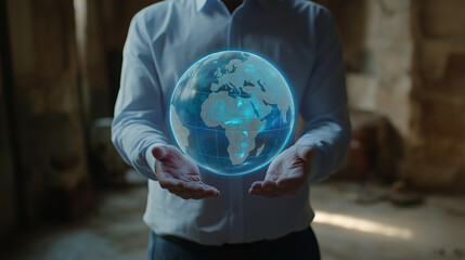 Wall Mural - Man holding a glowing digital globe in his hands.