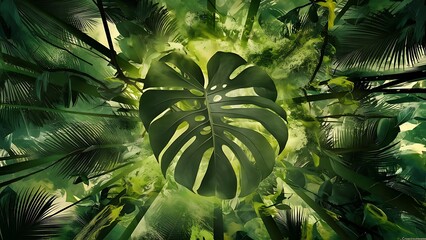 Abstract foliage and botanical background. Green tropical forest wallpaper of monstera leaves, palm, branches