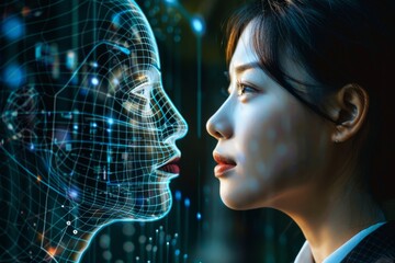 Sticker - A woman closely inspects the digital face of another woman in a virtual environment, Interpreting the relationship between AI and human emotions