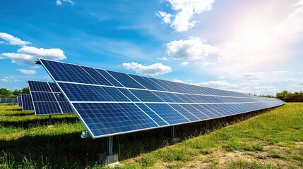 Solar panel produces green, environmentally friendly energy from the setting sun. AI generated image