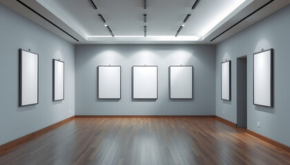 Canvas Print - A series of blank posters on a corridor wall, wooden floor, and a concept of an art gallery exhibition. 3D Rendering isolated with white highlights, png