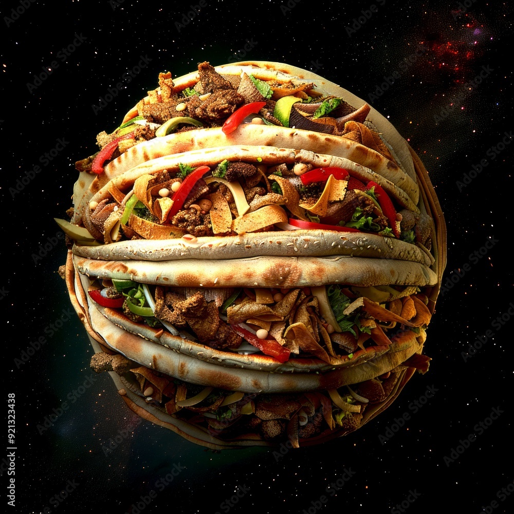 Surreal image of a meat and vegetable-stuffed bread orbiting in space ...