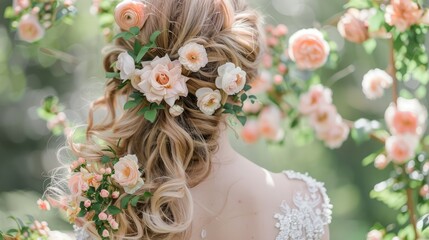 Wall Mural - Romantic half-up style with cascading curls and fresh blooms.