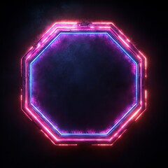 Wall Mural - Neon octagonal frame illuminated by vibrant blue and pink lights