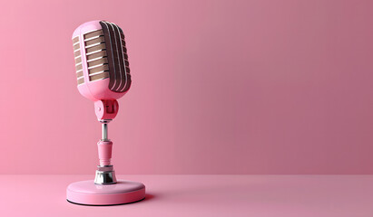 Podcasting pink vocal recording microphone isolated on a solid pink background. isolated on a solid pink background design