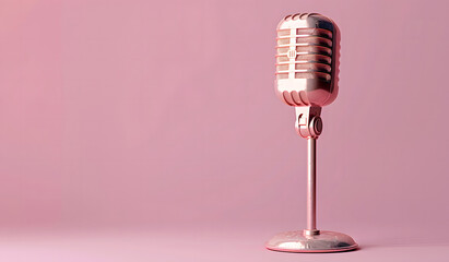 Podcasting pink vocal recording microphone isolated on a solid pink background. isolated on a solid pink background design