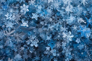 Canvas Print - Detailed view of a single blue snowflake with intricate patterns, Intricate patterns of frosty blue crystals scattered throughout