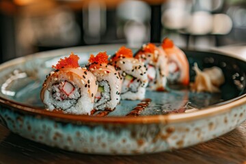 Poster - Sushi rolls arranged neatly on a ceramic plate, resting on a rustic wooden table, Intricate patterns of sushi rolls on a ceramic plate