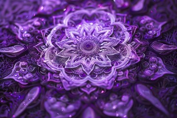 Poster - Close up view of a vibrant purple flower against a black backdrop, Intricate purple mandala designs expanding outwards