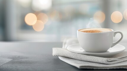 Sticker - Steaming Cup of Coffee on a Table in a Cozy Cafe During Morning Hours