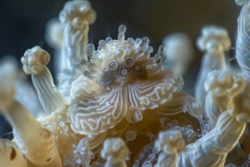 Sticker - A close-up view of a cluster of white flowers showcasing intricate shapes and formations, Intriguing shapes and formations in the smallest of beings