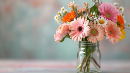 Sticker - Colorful Flower Arrangement in Glass Jar on Wooden Table Outdoors