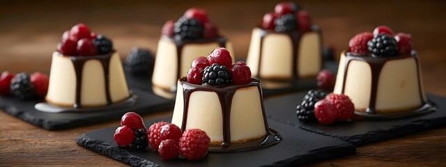 An ultra-realistic photograph of several small panna cotta cakes with chocolate drizzle and fresh berries