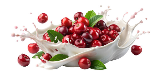 Cranberries splashing in milk with fresh leaves, isolated PNG transparent