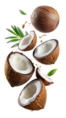 Whole and halved coconuts with leaves, floating on white, PNG isolated transparent