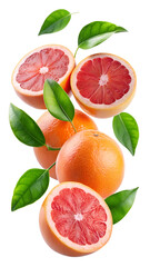 Whole and halved grapefruits with green leaves floating, PNG isolated transparent