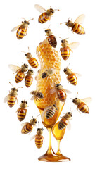 Wall Mural - bees swarming around honeycomb with golden honey, png isolated transparent