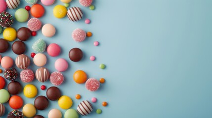 Wall Mural - Colorful Candy Display on Light Blue Background With Various Shapes and Textures