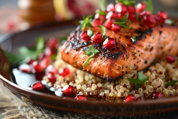 Poster - A close-up view of a plate of food featuring delicious salmon and pomegranate seeds, Juicy pomegranate seeds sprinkled on top of a bed of quinoa and grilled salmon