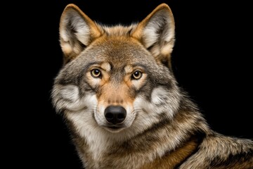  Photo of a wolf isolated against a black background, emphasising the wolf's majestic features. Wildlife and conservation concept, space for copy.