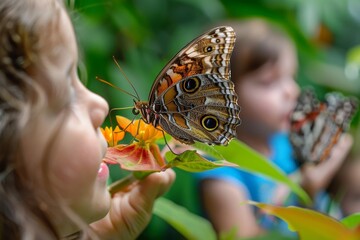 Poster - A young child watches intently as a colorful butterfly lands on a delicate flower in a sunny garden, Kids looking in awe at a butterfly landing on a flower