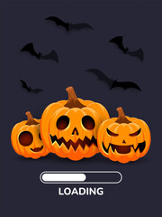 Sticker - Loading Halloween banner with pumpkins and bats. Dark background with bats. Perfect for Halloween events and loading screens. Vector illustration.