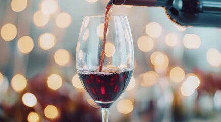 Wall Mural - Pouring Red Wine Into A Glass Against A Blurred Festive Background