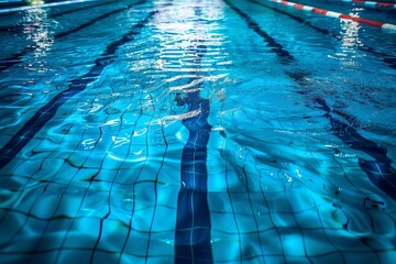 A swimming pool with blue water and marked lanes for competitions, creating a vibrant scene, Lanes of shimmering blue water in a competition pool