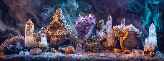 Poster - Beautiful esoteric and mystical altar for meditation with crystals and semi-precious stones.