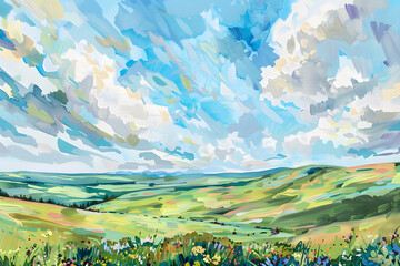 Wall Mural - Tranquil Landscape in Gouache: A Serene Escape into Nature's Vibrant Beauty