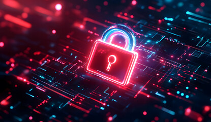 Wall Mural - A glowing, neon pink padlock is set against a dark, abstract background, symbolizing cybersecurity, digital privacy, and data protection. The futuristic, high-tech design emphasizes security