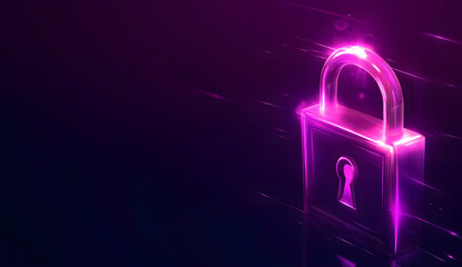 Wall Mural - A glowing, neon pink padlock is set against a dark, abstract background, symbolizing cybersecurity, digital privacy, and data protection. The futuristic, high-tech design emphasizes security