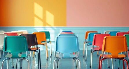 Canvas Print - Colorful Chairs Arranged in Empty Classroom With Vibrant Walls in Morning Light