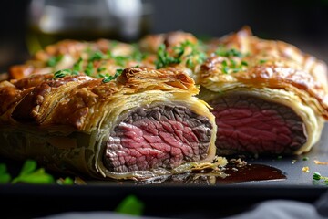 A large piece of meat, juicy beef steak, is on a plate, Layers of flaky puff pastry encasing juicy beef tenderloin