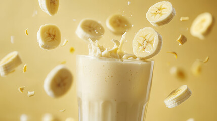 Banana slices are falling into a glass of banana milkshake, creating a dynamic and appetizing scene. The milkshake, already creamy and inviting, is enhanced by the fresh fruit being added, emphasizing