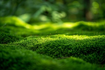 Canvas Print - A detailed view of lush green moss thriving amidst the forest floor, creating a vibrant and textured landscape, Layers of moss creating a sense of depth and dimension